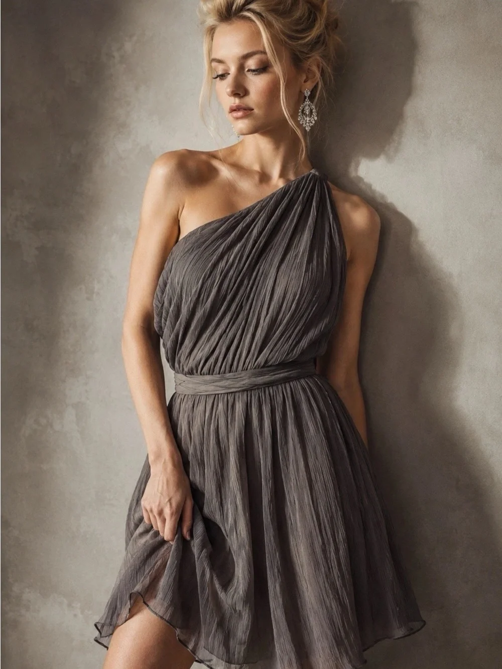 J.Crew 100% Silk One Shoulder Pleated Cocktail Dress Gray Petite 2